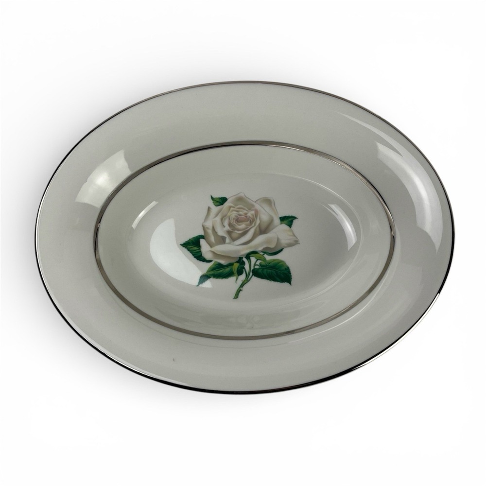 Vintage White Rose Serving Bowl: Silver Trim Vogue‎ Ceramic 10"